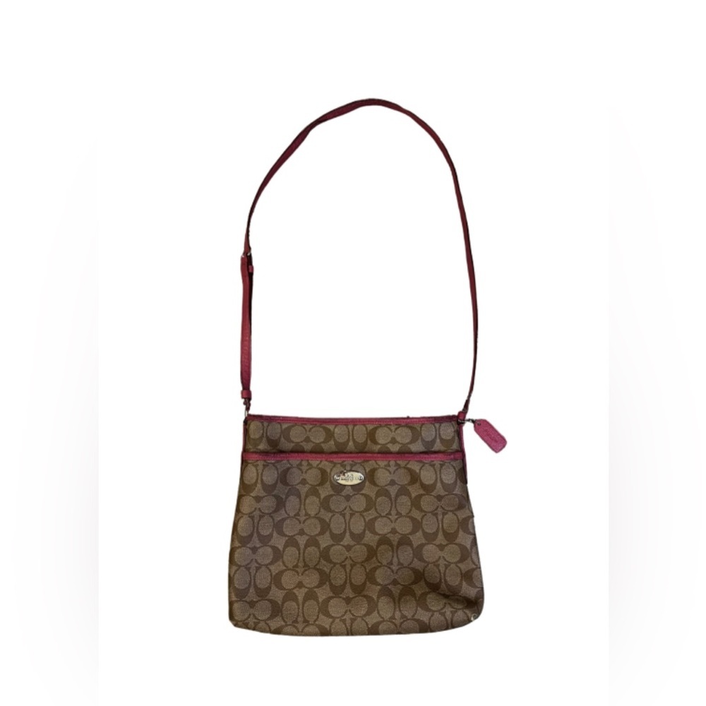 Coach Signature Logo All Over Pattern Crossbody Leather Beige Pink